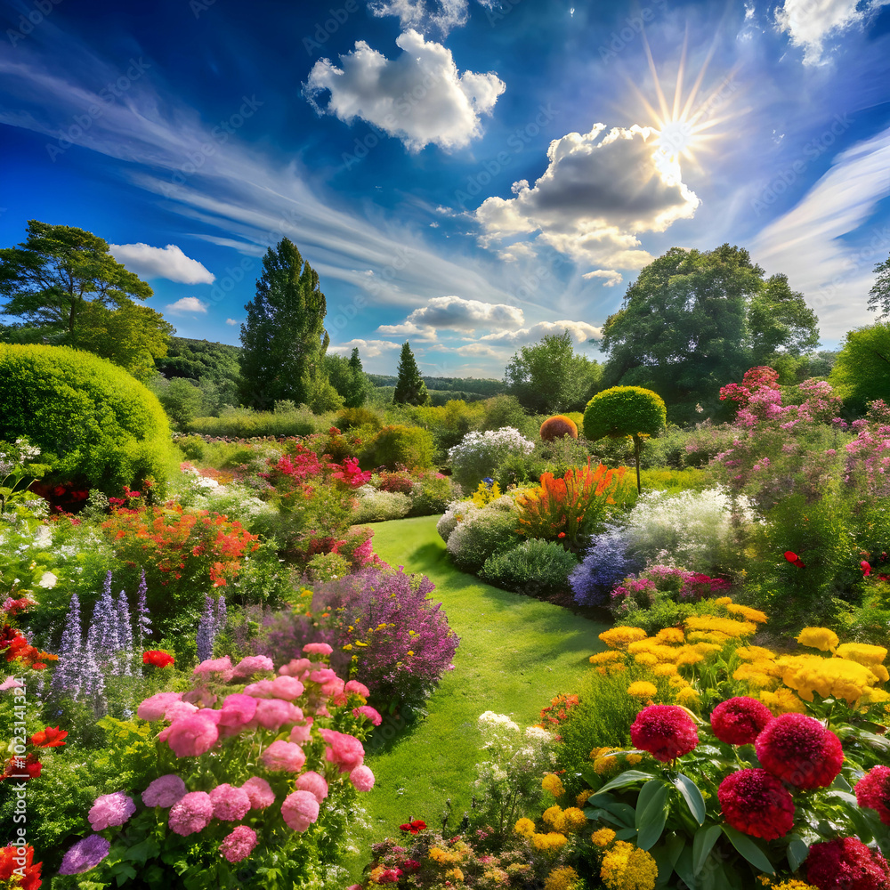 Naklejka premium garden in full bloom on a sunny summer day