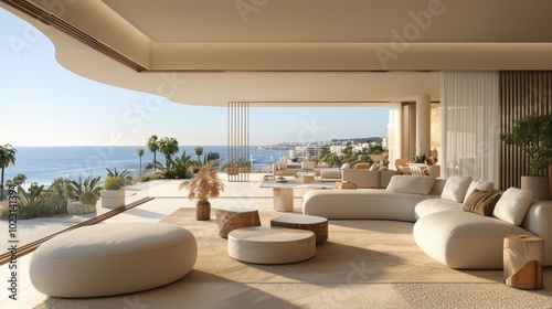 Luxurious oceanfront living room with expansive glass walls, contemporary furniture, and a breathtaking view of the blue ocean and lush greenery