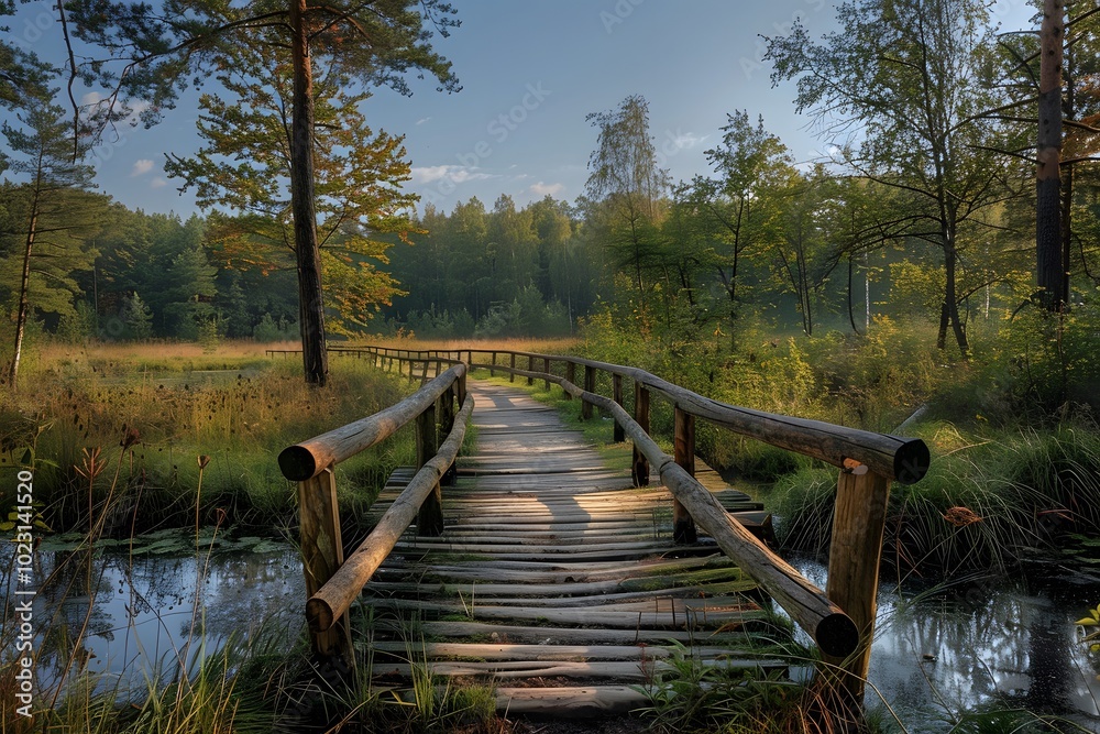 Fototapeta premium Serene Wooden Bridge Over Tranquil Waters in a Lush Forest Landscape