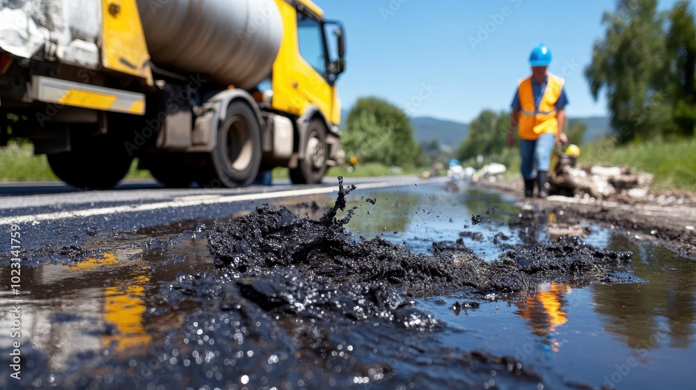 A worker in high visibility clothing and helmet is near a hydrocarbon spill on a sunny day, showcasing diligence and safety in handling roadside emergencies. A worker in high visibility clothing and helmet is near a hydrocarbon spill on a sunny day, showcasing diligence and safety in handling roadside emergencies.