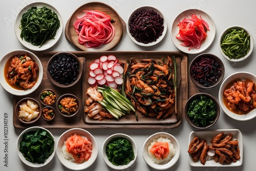 A vibrant spread of banchan featuring small side dishes of kimchi pickled radishes stir-fried, Ai Generated