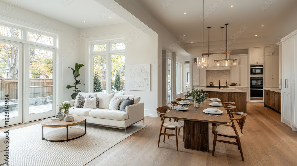 Fototapeta premium Modern interior design featuring spacious living area and dining space. bright, airy atmosphere is enhanced by large windows and elegant furnishings, creating welcoming environment