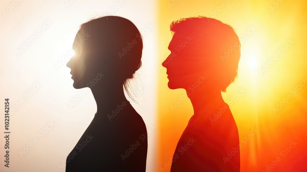 Fototapeta premium Silhouettes of woman and man facing opposite directions in contrasting light