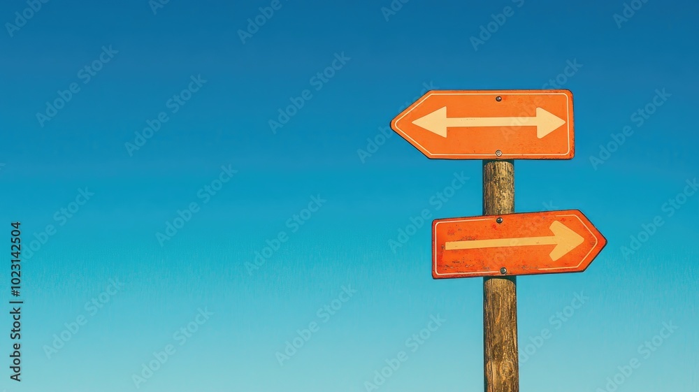 Two directional signs on wooden post against clear blue sky Two directional signs on wooden post against clear blue sky