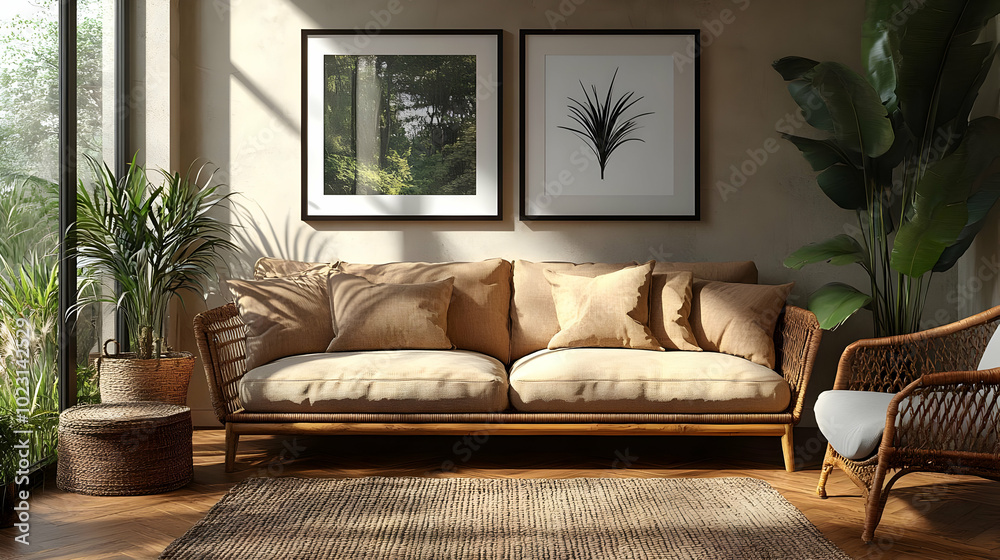 Cozy living room with natural decor and plants. Cozy living room with natural decor and plants.