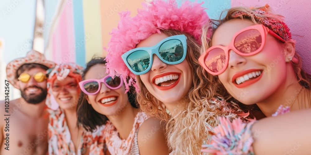 A fun and lively scene of a group of friends in full carnival attire, posing for a photo in front of a bright and colorful street mural, showing off their masks and costumes with big smiles. - A fun and lively scene of a group of friends in full carnival attire, posing for a photo in front of a bright and colorful street mural, showing off their masks and costumes with big smiles. -