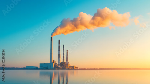 Smoky industrial plant emits pollutants into the atmosphere, impacting air quality and contributing to global warming. The environmental crisis driven by fossil fuel consumption and carbon emissions.