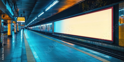 Subway train arriving at platform with blank billboard for advertisement photo