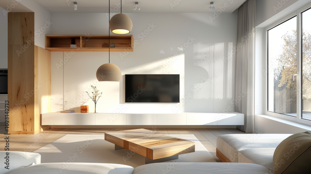 A modern living room featuring minimalist design with natural light streaming through large windows. space includes stylish coffee table, cozy seating, and elegant pendant lights, creating warm and in A modern living room featuring minimalist design with natural light streaming through large windows. space includes stylish coffee table, cozy seating, and elegant pendant lights, creating warm and in