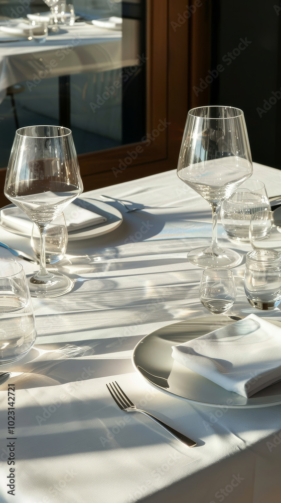 Elegant dining table set with glassware and cutlery, showcasing serene atmosphere. sunlight casts beautiful shadows, enhancing inviting ambiance Elegant dining table set with glassware and cutlery, showcasing serene atmosphere. sunlight casts beautiful shadows, enhancing inviting ambiance