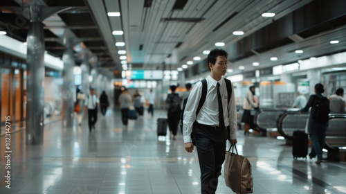 A businessman walks through a bustling train station, briefcase in hand, capturing the dynamic energy of urban life and daily commutes.