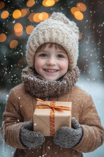 Little happy boy with christmas presents in his hands, christmas lights and snowfall in the background.