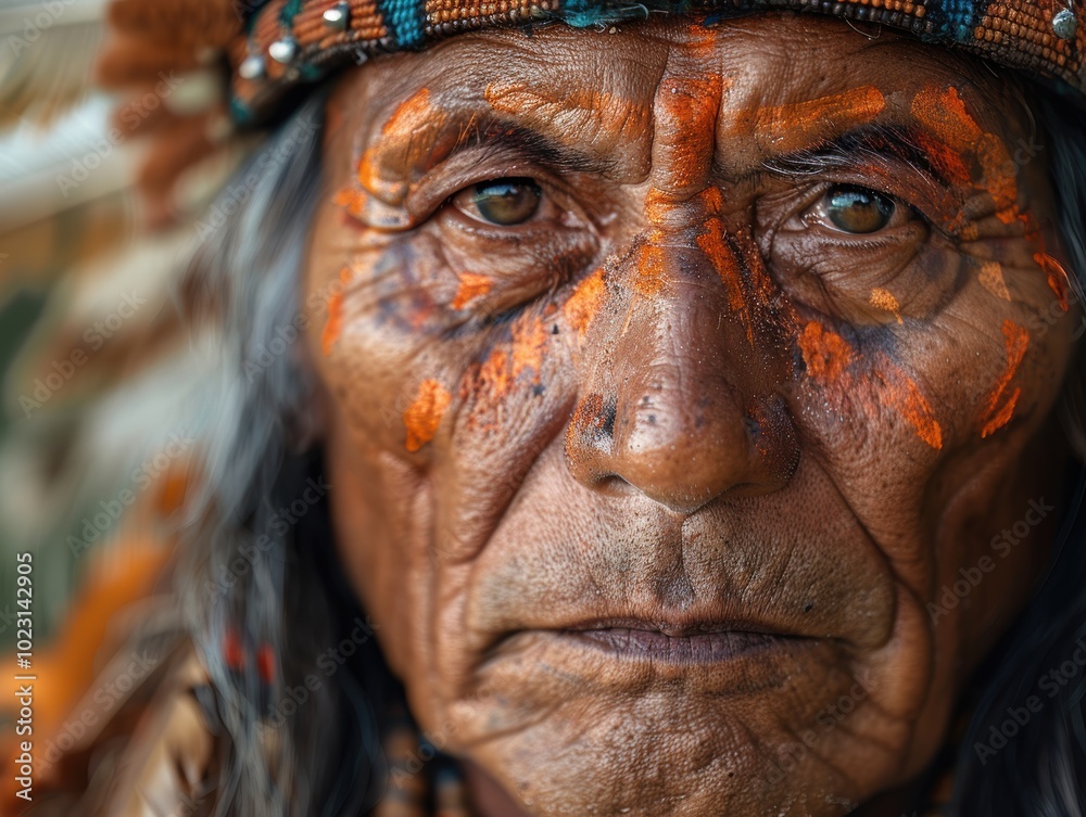 A close-up portrait of an elderly indigenous person with traditional face paint, representing rich cultural heritage and expressive emotion through intricate details and vivid colors A close-up portrait of an elderly indigenous person with traditional face paint, representing rich cultural heritage and expressive emotion through intricate details and vivid colors