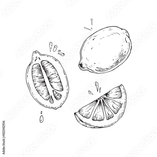 Lemon set of hand drawn vector illustrations. Illustrations of a slice, half and whole lemon. Elements for food and drink label design