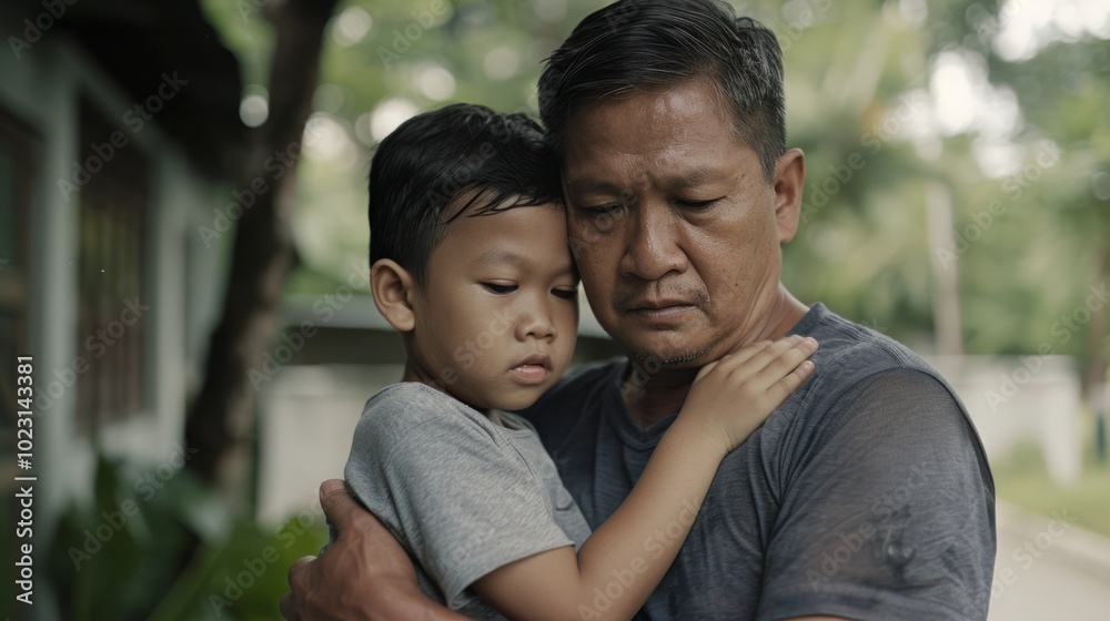 A man holds a child closely, offering comfort and protection, embodying a tender and profound connection against a natural backdrop. A man holds a child closely, offering comfort and protection, embodying a tender and profound connection against a natural backdrop.