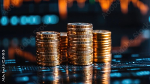 Stacks of gold coins standing on a surface reflecting a stock market graph