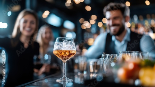 A group of friends enjoys drinks at a sleek bar with ambient lighting, capturing the aesthetic of lively gatherings and sophisticated social interactions. photo