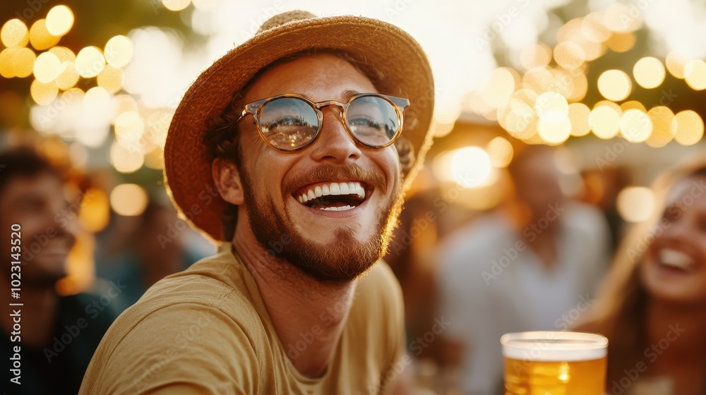 A smiling man wearing a straw hat sits in a light-filled outdoor setting, enjoying a refreshing drink amid warm, glowing lights, embodying joy and relaxation. A smiling man wearing a straw hat sits in a light-filled outdoor setting, enjoying a refreshing drink amid warm, glowing lights, embodying joy and relaxation.