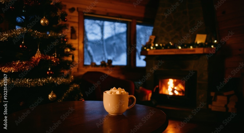 Cozy winter evening with hot cocoa the fireplace Cozy winter evening with hot cocoa the fireplace