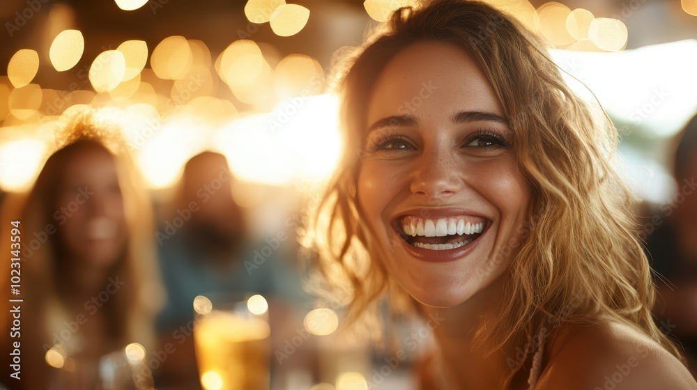 A woman with a radiant smile enjoys an outdoor evening gathering, surrounded by sparkling lights and friendly faces, capturing a moment of joy and celebration.