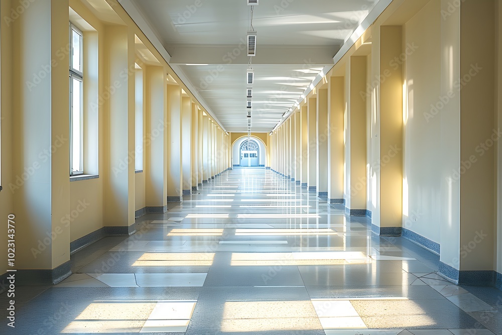 Serene Hallway with Natural Light and Elegant Architecture