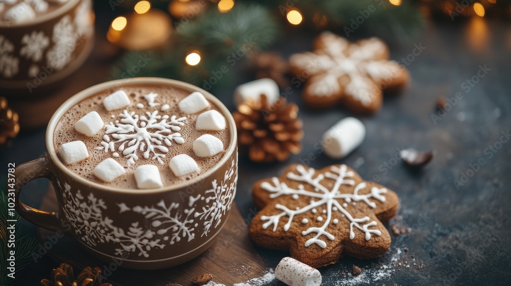 Christmas hot chocolate with marshmallows and gingerbread cookies on dark stone background Christmas hot chocolate with marshmallows and gingerbread cookies on dark stone background