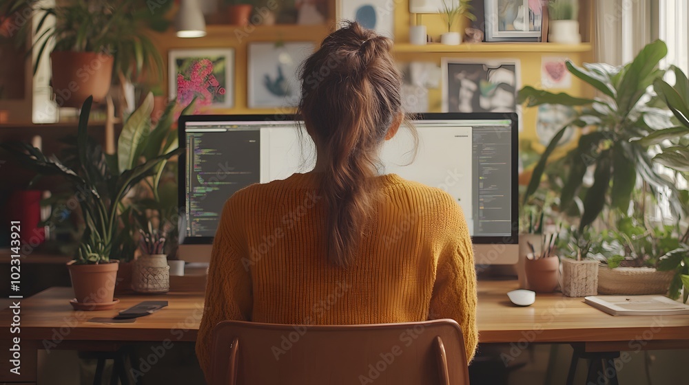 A woman is sitting at a desk with a computer, working on design software in her home office A woman is sitting at a desk with a computer, working on design software in her home office