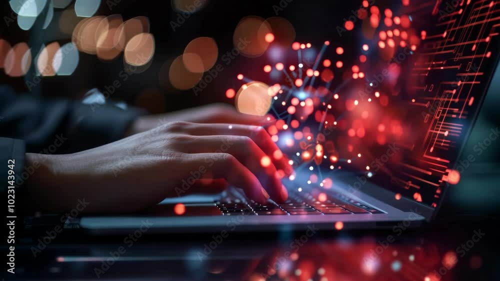 Hands typing on laptop with digital network and data visualization
Hands typing on laptop with digital network and data visualization