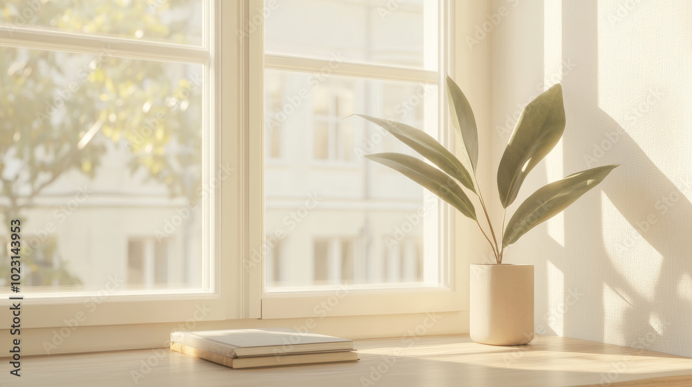 A serene indoor scene featuring potted plant on wooden table beside sunlit window. soft light creates warm and inviting atmosphere, perfect for relaxation and contemplation A serene indoor scene featuring potted plant on wooden table beside sunlit window. soft light creates warm and inviting atmosphere, perfect for relaxation and contemplation