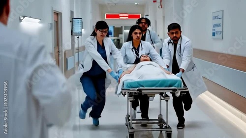 Medical Professionals Rushing a Patient on a Stretcher in a Hospital Corridor