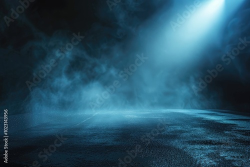 Rays spotlights light. Empty dark scene with blue light. Asphalt blue dark street with smoke.