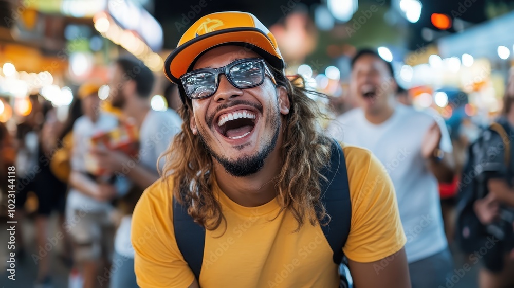 A cheerful man with sunglasses and a cap is laughing heartily while surrounded by a brightly lit, bustling street market at night. A cheerful man with sunglasses and a cap is laughing heartily while surrounded by a brightly lit, bustling street market at night.
