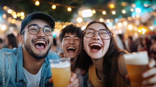 A group of three friends laughing and cheers with drinks in hand, immersed in the lively atmosphere of a night market decorated with string lights. photo