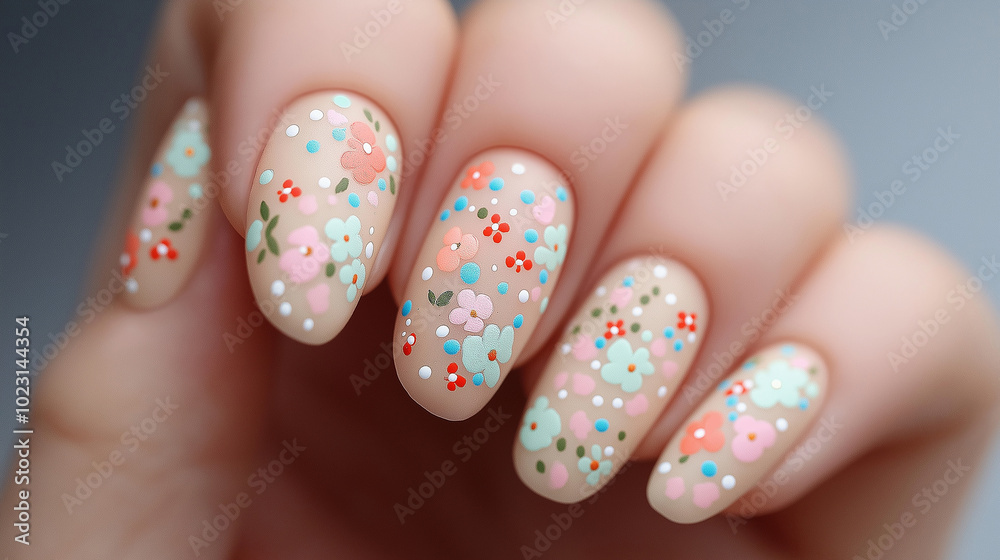 Matte nails with tiny floral designs and soft pastel colors, bright background
