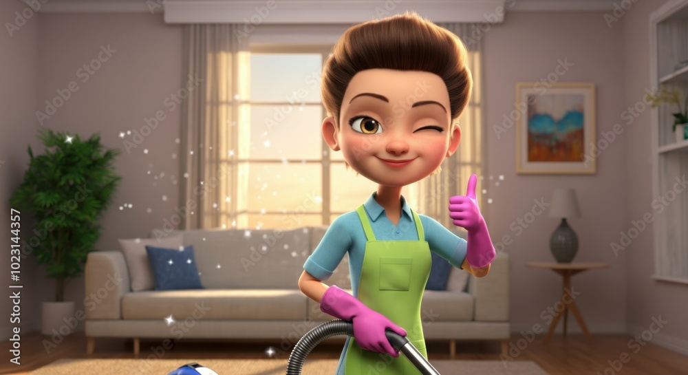 Cheerful housekeeper giving thumbs up while cleaning