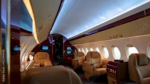 Interior of a Private Jet with Leather Seats and Entertainment Systems