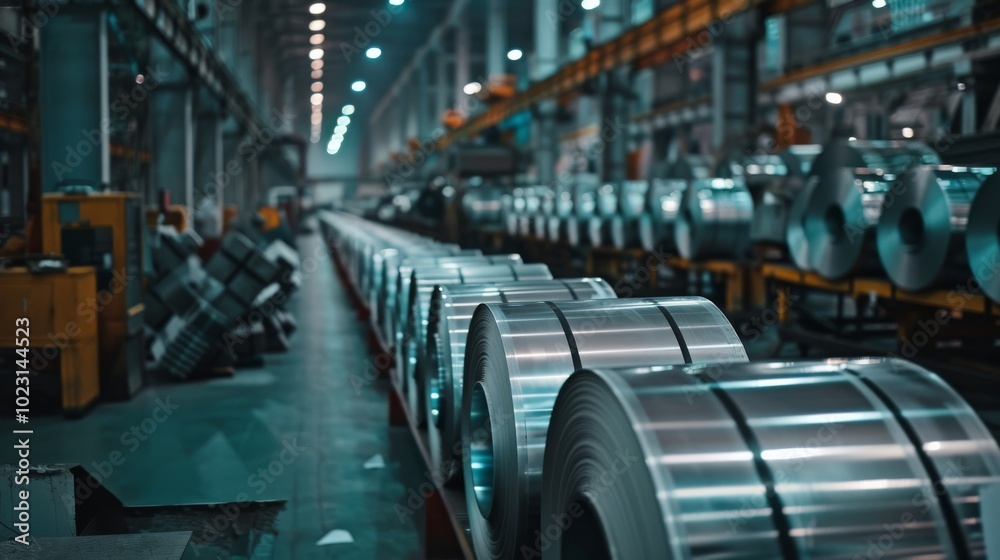 Fototapeta premium Rolls of polished steel line a vibrant factory floor, exhibiting the sleek precision of industrial manufacturing.