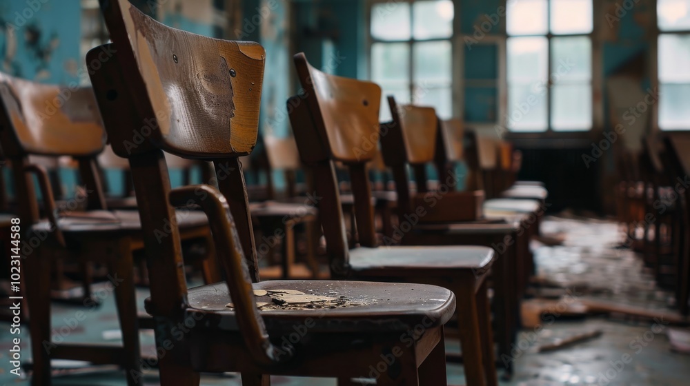 Abandoned classroom with rows of worn wooden chairs, conveying nostalgia and the passage of time in a quietly poignant setting. Abandoned classroom with rows of worn wooden chairs, conveying nostalgia and the passage of time in a quietly poignant setting.