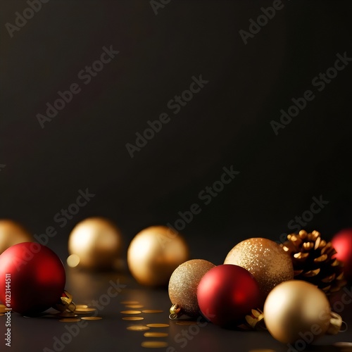 Gold and red Christmas balls and pine cone on a black background.