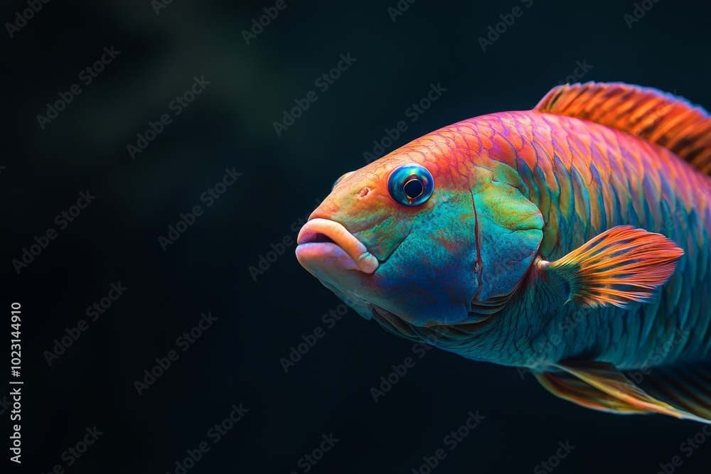 the beside view Palenose Parrotfish, left side view, white copy space on right, Isolated on dark Background the beside view Palenose Parrotfish, left side view, white copy space on right, Isolated on dark Background