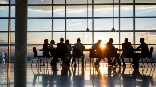 A silhouette of people around a conference table against a striking sunset showcases professional camaraderie and discussions.