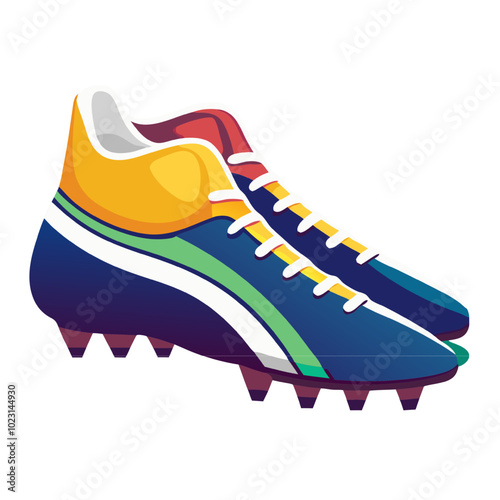 Colorful Football Cleats: A vibrant pair of football cleats, ready to take on the field. The shoes feature a striking mix of blue, yellow, green, and red, making them eye-catching and dynamic.  