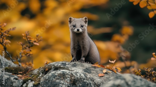 American pine marten posing on a rock in autumn forest