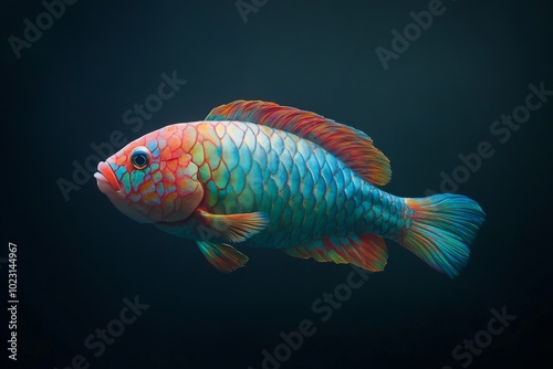 the beside view Palenose Parrotfish, left side view, white copy space on right, Isolated on dark Background