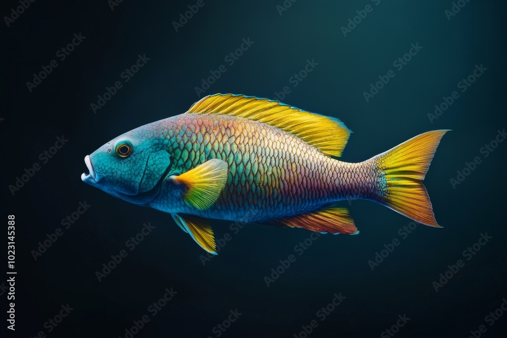 the beside view Yellowtail Parrotfish, left side view, white copy space on right, Isolated on dark Background the beside view Yellowtail Parrotfish, left side view, white copy space on right, Isolated on dark Background
