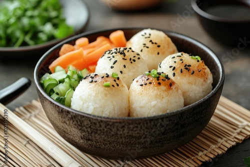 Delicious yaki onigiri being served with chopped vegetables photo