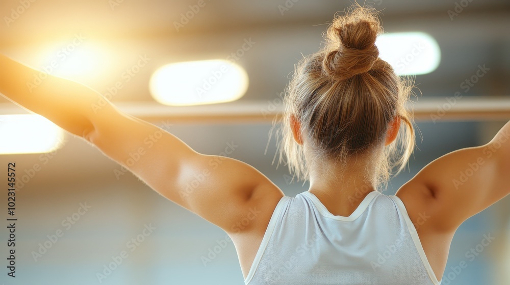 A young gymnast stretches with arms wide towards the ceiling, captured from the back, as sunlight streams through the window, highlighting her strength and grace. A young gymnast stretches with arms wide towards the ceiling, captured from the back, as sunlight streams through the window, highlighting her strength and grace.