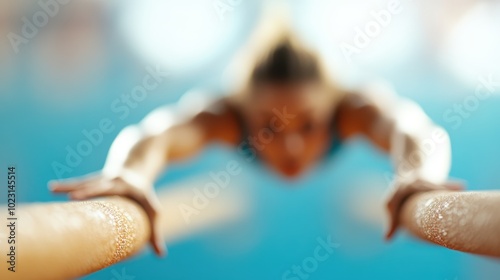 Artistic blur of a determined athlete gripping parallel bars, emphasizing strength, concentration, and tension while showcasing the effort of a gymnastic routine.