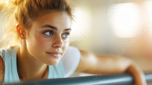 A young female athlete with curly hair leans on parallel bars, her focused expression framed by the soft lighting and blurred gym background, ready for her routine.