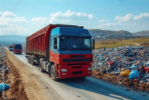 Garbage trucks transporting waste to a landfill site